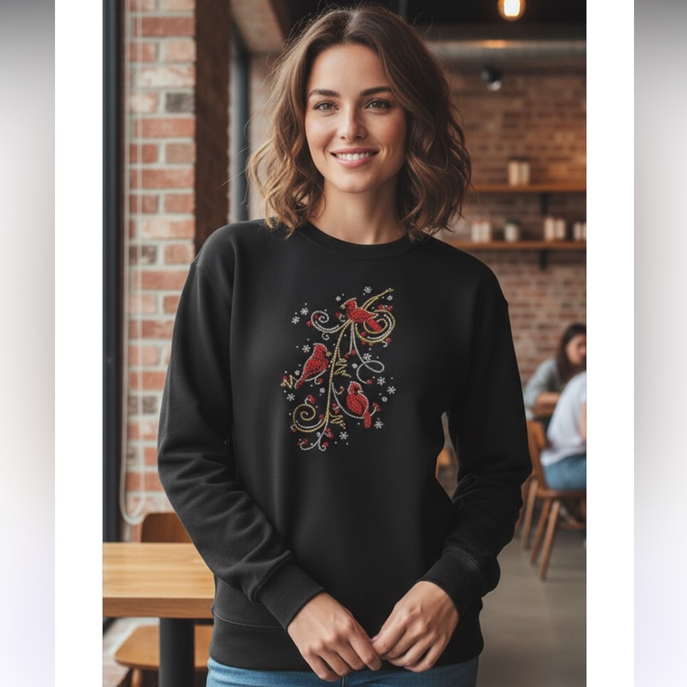 Black sweatshirt with beaded cardinals on front